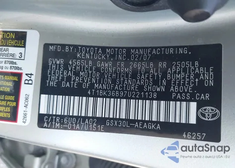 2007 Toyota Avalon Xls z USA, uszkodzony, nr VIN 4T1BK36B97U221138